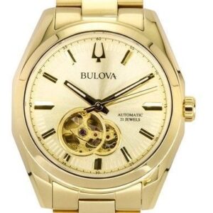 Bulova Surveyor Gold Tone Stainless Steel Open Heart Champagne Dial Automatic 97A182 Men's Watch