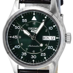 Seiko 5 Sports GMT Kelly Green Flieger Suit Style Leather Strap Automatic SRPJ89K1 100M Men's Watch